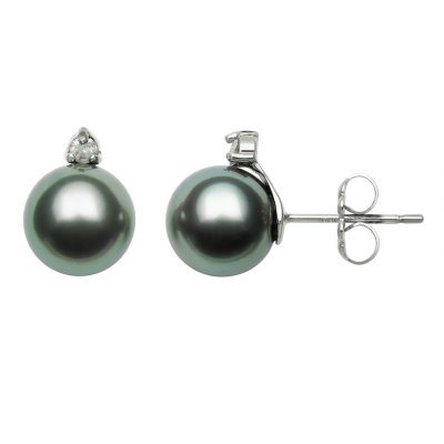 8.0-9.0mm Tahitian Black Pearl Stud Earrings With Diamond Accents In 