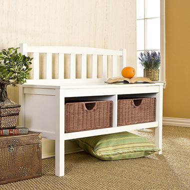 White Window Bench with Rattan Baskets, All-wood Construction