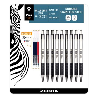 Zebra - F-301 Ballpoint Retractable Pen, Black Ink, Fine - 9 Pens - Sam ...