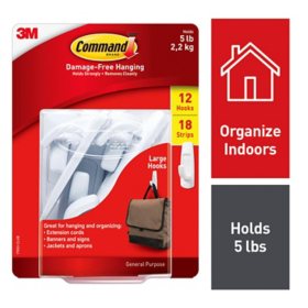 3M Command Large Utility Hooks, White, 12 Hooks, 18 Adhesive Strips - Sam's Club