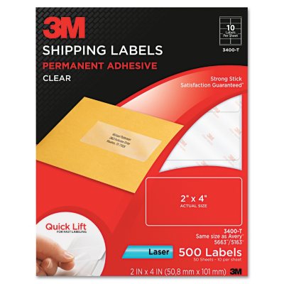 3M Permanent Adhesive Clear 2" x 4" Mailing Labels for Laser Printers ...