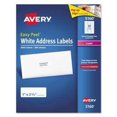 Avery® 5160 Easy Peel Address Labels, Laser, 1 x 2 5/8, White, 6,000 Labels - Sam's Club