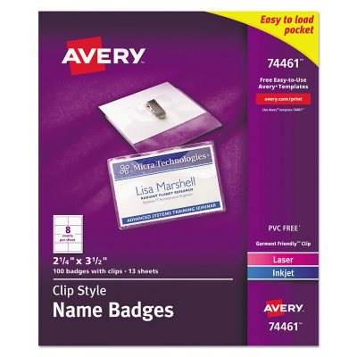 Avery Clip-Style Badge Holder w/Laser/Inkjet Insert, Top Load, 2.25 x 3 ...