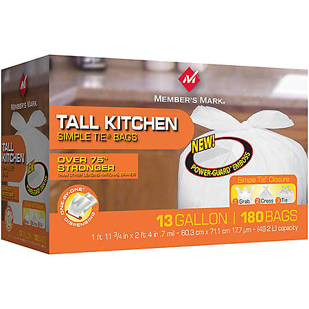 Member's Mark 13 gal. Tall Kitchen Simple Tie Trash Bags (180 ct ...