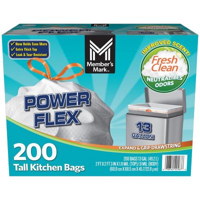 Member's Mark Power Flex Tall Kitchen Drawstring Trash Bags (13 Gallon ...