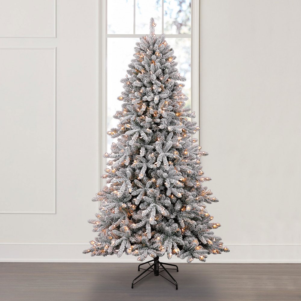 7.5 ft Aspen Flocked Pine Prelit LED White QuickSet Christmas Tree w