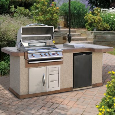 Cal Flame 8' Stucco BBQ Island and Side Bar with 4-Burner Gas Grill ...