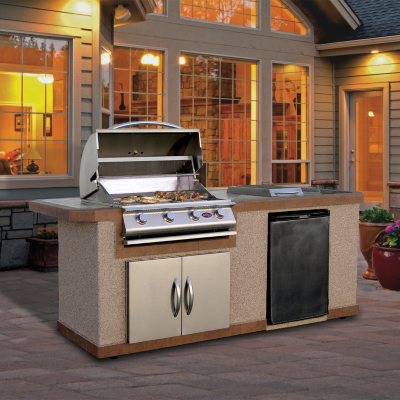 Cal Flame 7' Stucco BBQ Island with 4-Burner Gas Grill and Built In ...