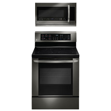 Single-Oven Electric Range with EasyClean and Over-the-Range Microwave Oven Bundle in Black Stainless Steel