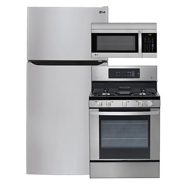 LG Large-Capacity 33” Wide Top-Freezer Refrigerator, Single-Oven Gas Range, and Over-the-Range Microwave Bundle