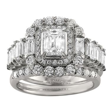 Christopher Designs 2.90 CT. TW. Emerald, Baguette and Round Cut Engagement Set in 14K White Gold