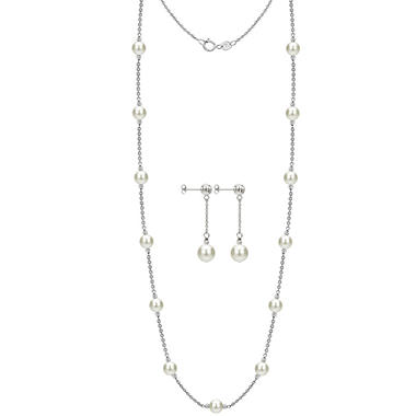 White Freshwater Cultured Pearl 36″ Station Necklace and Earring Set