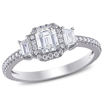1 CT. T.W Emerald-Cut Diamond Three Stone Halo Engagement Ring in 14K White Gold