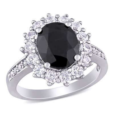 5.02 CT. Oval Cut Black Sapphire and Created White Sapphire Halo Ring in Sterling Silver