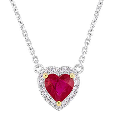 0.44 CT. Ruby with Diamond-Accent Halo Heart Necklace in 14K White Gold