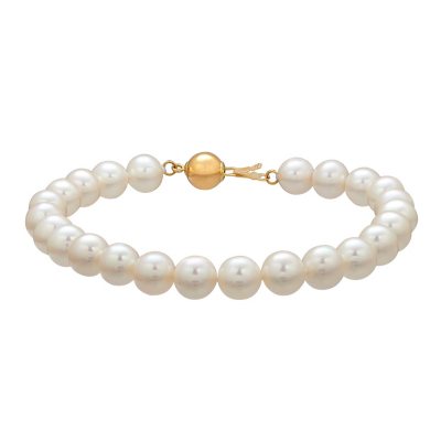 7-8mm White Freshwater Cultured Pearl Bracelet with 14K Yellow Gold ...