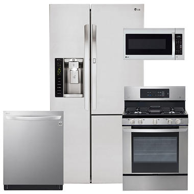 LG LSXS26366S 26 cu. ft. Side-by-side Refrigerator with Door-in-Door, 5.4 cu. ft. Single Oven Gas Range, 2.0 cu.ft. Over-the-Range Microwave Oven and Top Control Dishwasher