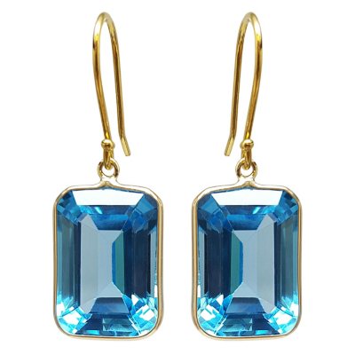 Emerald Cut Swiss Blue Topaz Dangle Earrings in 14 Karat Yellow Gold ...