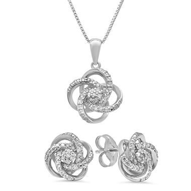 Genuine Diamond Pendant Necklace & Stud Earrings Jewelry Set