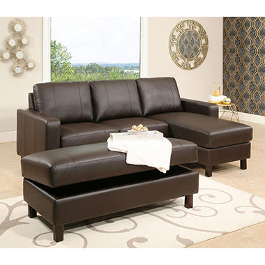Hampton Leather Reversible Sectional and Storage Ottoman