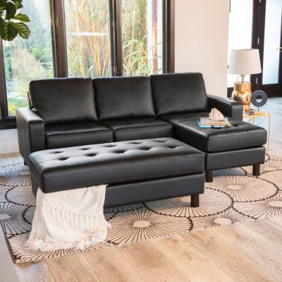 Brayden Tufted Leather Reversible Sectional and Ottoman