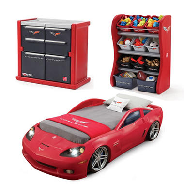 Step2 Corvette Toddler-to-Twin Bed with Lights + Dresser + Toy Storage Bins Room Organizer