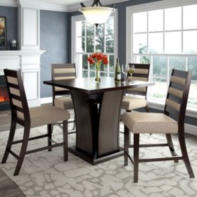 Bistro Counter Height Dining Table with 4 Woven Cream Dining Chairs ...