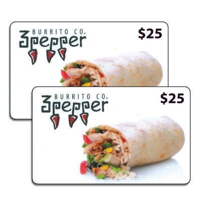 3 Pepper Burrito $50 Value Gift Cards - 2 x $25 - Sam's Club