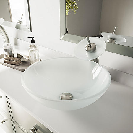 Vigo White Frost Glass Vessel Sink And Waterfall Faucet Set Brushed Nickel