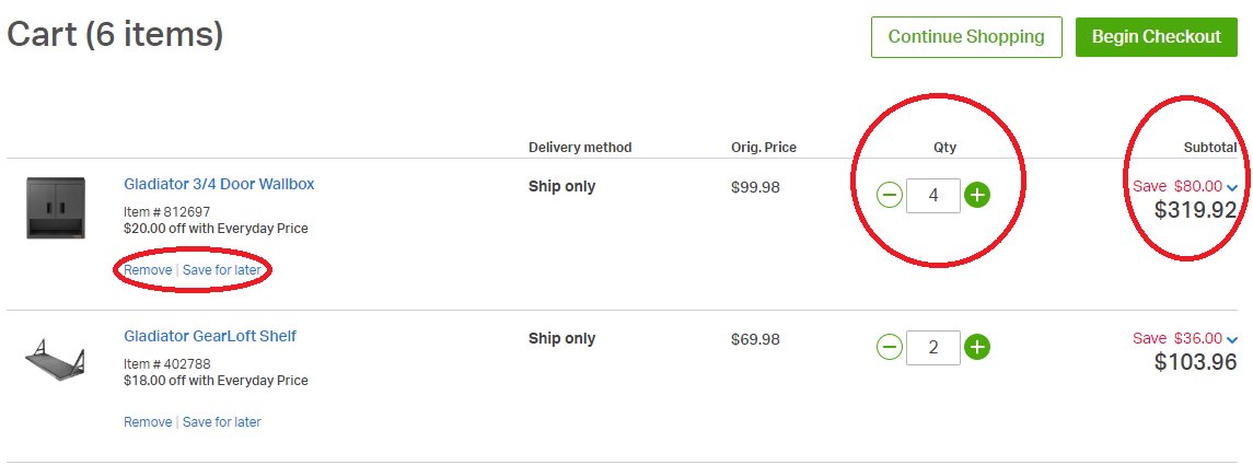 Items in my online Shopping Cart